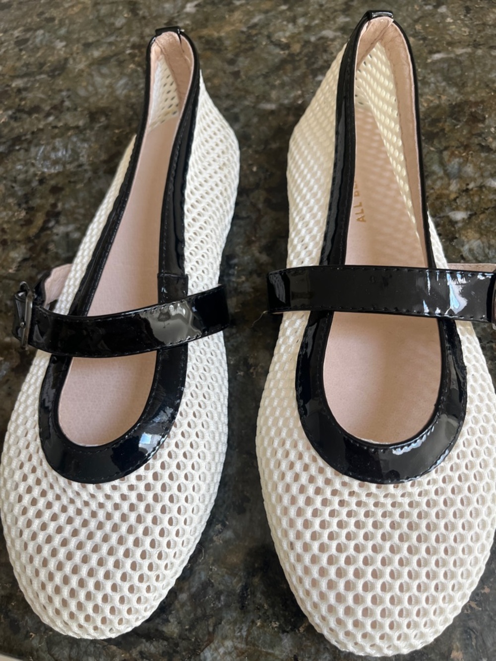 White Mesh Mary Jane Flats with Black Patent Trim